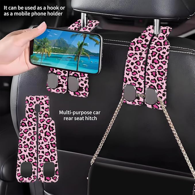 Car Seat Headrest Hooks for Purses and Bags Abstract Pink Leopard 1 Pack Bag Purse Holder for Car with Double Metal Hooks Car Purse Hanger Hanging Accessories