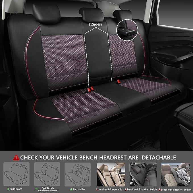 Piping PU Leather Car Seat Cover Full Set,Inside Zipper Design and Reserved Opening Holes，Airbag Compatible,Universal FIT for Car, SUVs,Van,Trucks（Full Set, Black & Pink）