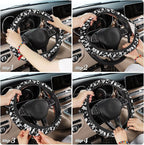 Small Flowers Steering Wheel Cover, White and Black Floral Elastic Non-Slip Steering Wheel Protector,Auto Interior Decor for Women Girls,Universal 15" Fit for Sedans,Trucks