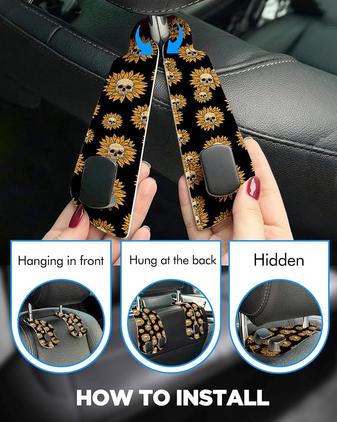Purse Holder for Car, 2 Pack Heavy Duty Purse Hanger for Car, PU Leather Car Seat Hooks for Purses and Bags, Cute Sunflower Skull Headrest Organizer for Handbags & Backpacks