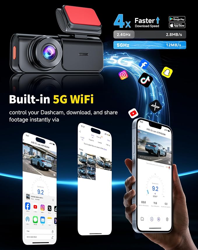Dash Cam Front and Rear: 4K+2.5K Dashcam with 5G WiFi APP Control & 64GB Card - Dual Dash Camera for Cars with 24H Parking Mode Night Vision Loop Recording Emergency Lock (V3)