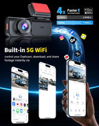 Dash Cam Front and Rear: 4K+2.5K Dashcam with 5G WiFi APP Control & 64GB Card - Dual Dash Camera for Cars with 24H Parking Mode Night Vision Loop Recording Emergency Lock (V3)