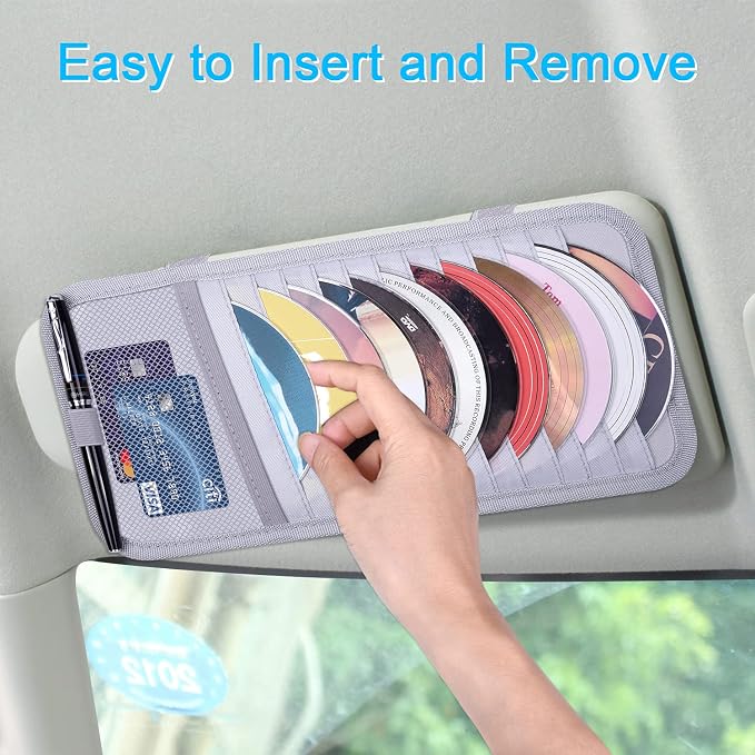Car CD Case Holder, Vehicle Sun Visor Organizer for Cars with 12 DVD Storage Sleeves, 1 Mesh Pocket, 1 Pen Holder and Elastic Strap, Gray