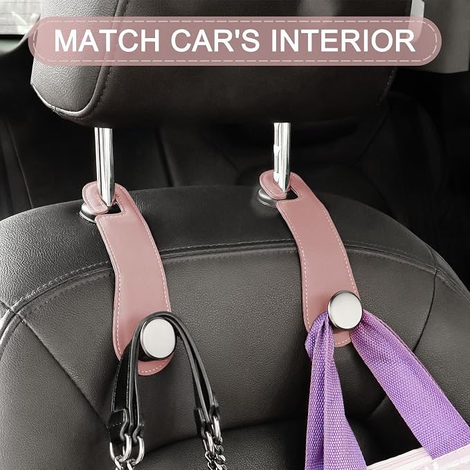 Leather Car Seat Storage Hanger, 2 Pack Stylish Hooks for Purses Bags, Coats Umbrellas, Pink