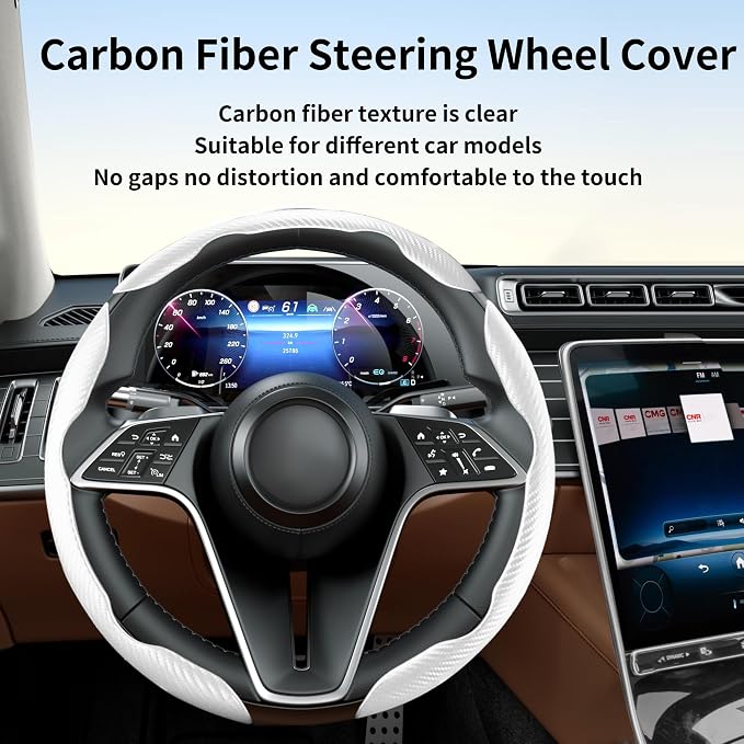 3Pcs Carbon Fiber Steering Wheel Cover Universal Fit 99% Cars | Non-slip soft grip, easy to wipe clean, quick to install, perfect for daily commutes and road trips, White