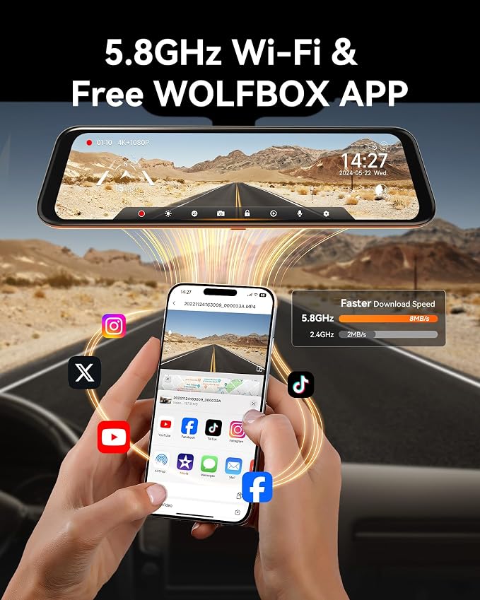 G850 12" 4K Rear View Mirror Camera with 5.8GHz WiFi and Voice Control, Smart Mirror Dash Cam Front and Rear, Backup Camera with 1080P, Dash Cam with WDR, Includes 64GB Card & GPS