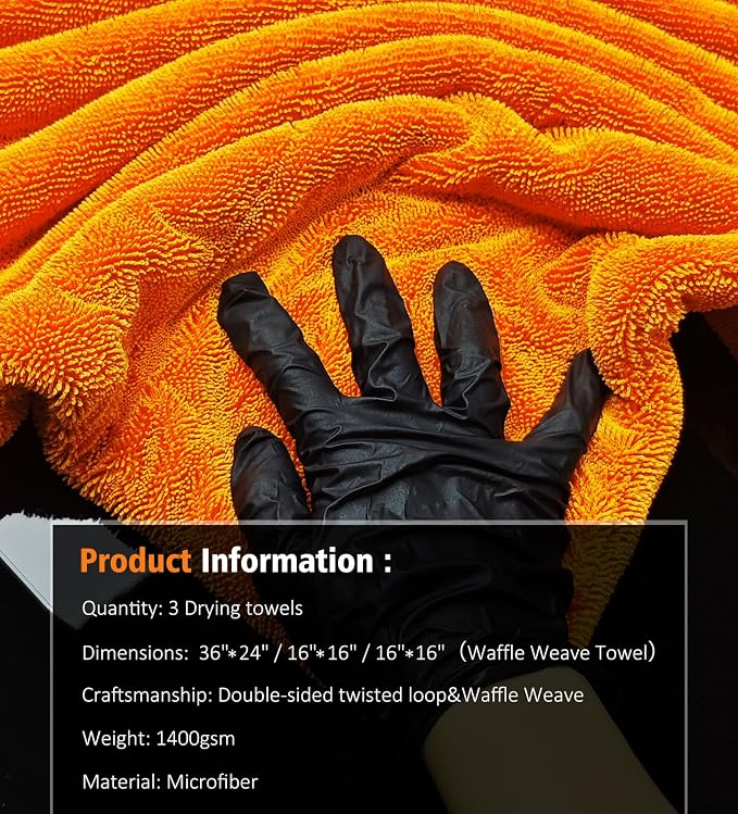 3 Pack Car Drying Towel, 24" x 36" Double Twisted Loop Car Drying Towels Extra Large, 16" x 16" Edgeless Microfiber Drying Towel and Absorbent Waffle Weave Towels for Cars Truck SUV, Orange