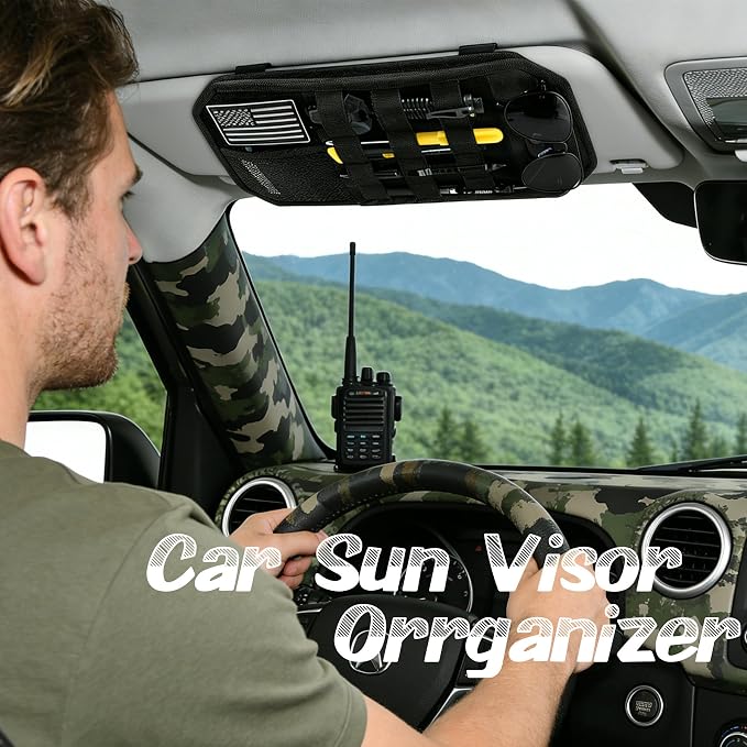 Tactical Car Sun Visor Organizer, Auto Semi-Rigid Molle Panel with Zipper Storage Pouch & Glasses Holder for Police Gear & Overland Accessories, Universal Fit for Trucks, SUVs, Jeeps & Patrols, Black