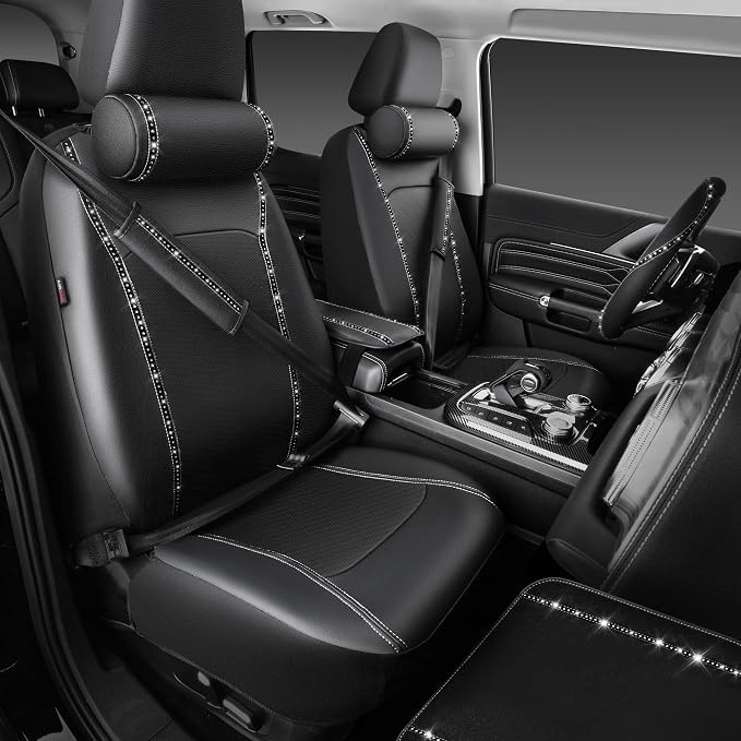 14 PCS Bling Diamond Car Accessories Set for Women, Leather Seat Covers Front Seats Sparkly Rhinestone 15'' Steering Wheel Covers Shining Diamond Car Floor Mats Cute Interior Sets, Silver