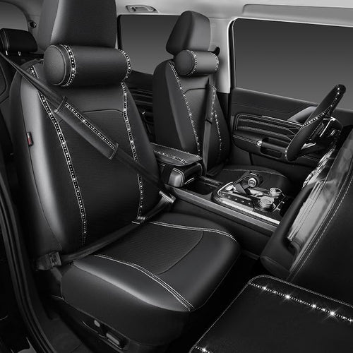 14 PCS Bling Diamond Car Accessories Set for Women, Leather Seat Covers Front Seats Sparkly Rhinestone 15'' Steering Wheel Covers Shining Diamond Car Floor Mats Cute Interior Sets, Silver