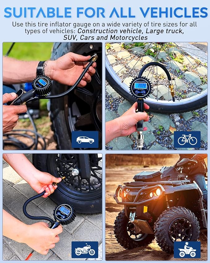 50057A Digital Tire Inflator Deflator with Pressure Gauge 250 PSI Air Chuck and Compressor Accessories with Rubber Hose and Quick Connect Coupler for 0.1 Display Resolution