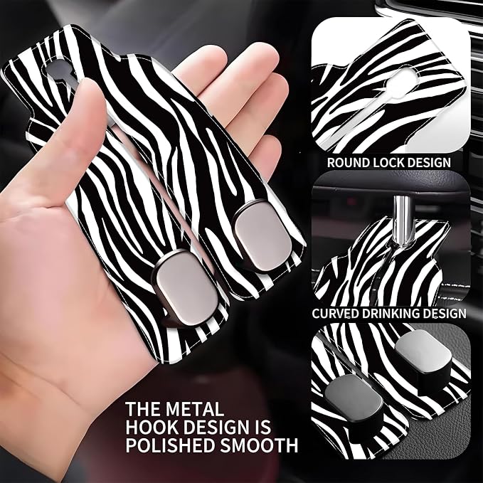 Purse Hook for Car Abstract Black Zebra 1 Pack Headrest Back Seat Hook Premium Leather Double Metal Hanger Storage Pack Bag Purse Holder Car Interior Accessories