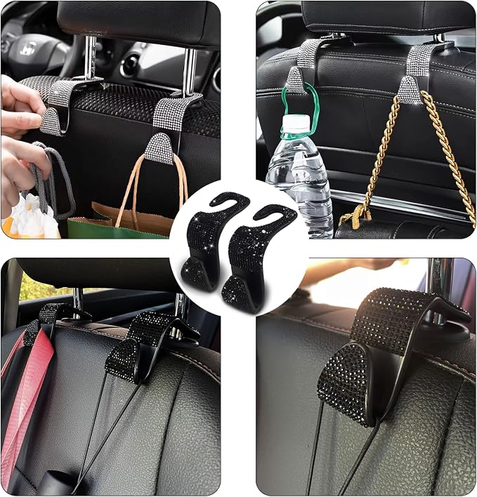 2PCS Car Seat Hooks - Bling Rhinestone Headrest Hooks with Universal Design - Perfect for Holding Handbags, Clothes, Purses, and Water Bottles - Black