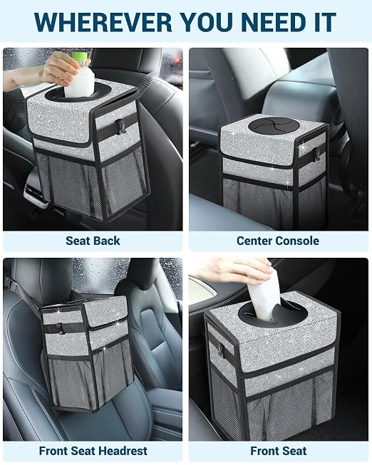 Car Trash Can with Lid, Leakproof Car Trash Bag Hanging Waterproof Automotive Garbage Can with Storage Pockets Mini Vehicle Trash Bin for Back/Front Seat(Silver Glitter,2.5 Gallon)