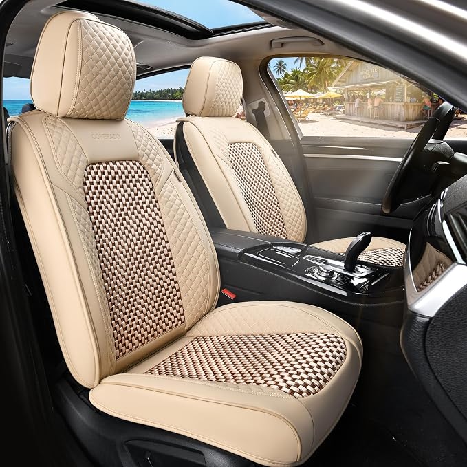 Coverado Seat Covers Full Set, 5 Seats Universal Seat Covers for Cars, Beige Car Seat Covers Front Seats Back Seat Cover, Breathable Car Seat Cushion, Leather Seat Cover Seat Protector Fit Most Cars