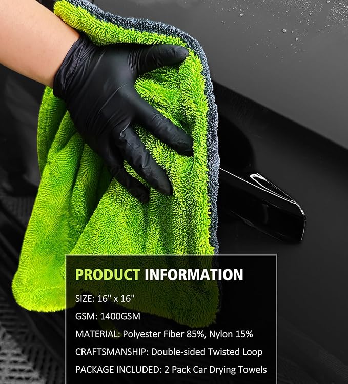 2-Pack 16"x16" Car Detailing Drying Towels, 1400 GSM Microfiber Drying Towels, for Final Water Chasing, Safe Drying of Gaps, Mirrors & Vehicle Interiors, Green