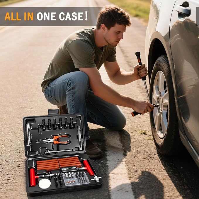 Heavy Duty Tire Plug Kit - 98pcs All-in-One Universal Tire Repair Kit for Tubeless Flats, Emergency Tire Patch Kit for Car, Truck, SUV, ATV, Motorcycle, Trailer & RV