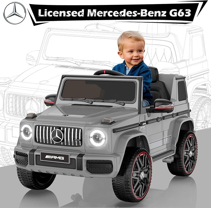 Licensed Mercedes-Benz G63 Car for Kids, 12V 7AH Ride on Car w/Parent Remote Control, LED Headlights, Music Player & Horn, Soft Start, Low Battery Prompt, Kids Electric Car, Grey