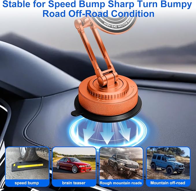 All-Metal Alloy Long Arm Magnetic Suction Cup Car Phone Mount(Orange) | Strong Powerful Magnetic Heavy-Duty Windshield Dash 360° Mechanical Rotation Cell Mobile Phone Vehicle Bracket for All Cars