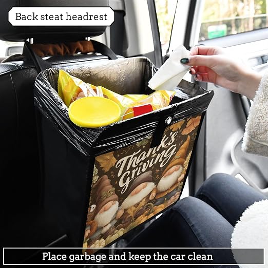 Car Trash Can Organizer Bin with Adjustable Strap for Back Front Seat Console Waterproof Leakproof Collapsible Portable 8.66 Inch Autumn Gnomes Pumpkin Brown