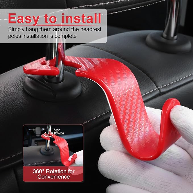 Car Purse Hook, Headrest Hook for Car, 4 Pack Universal Auto Car Seat Headrest Hook Hangers Organizer for Purse Coat Umbrellas Grocery Bags Handbag, Car Accessories - Carbon Fiber Red