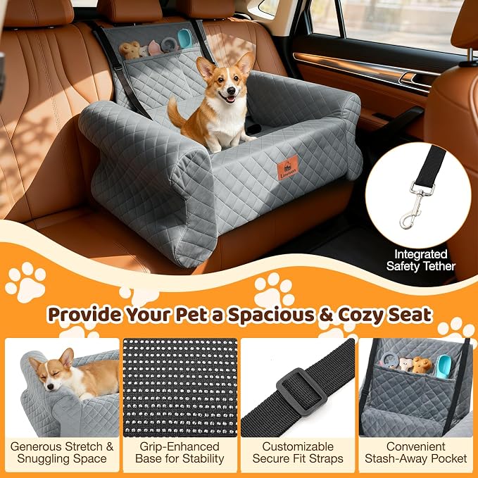 Dog Car Seat for Medium/Large Dogs up to 60 lbs, Memory Foam Dog Booster Seat with Thick Cushion, Pet Car Seat for Back with Detachable Washable Cover, Storage Pockets for SUV, Pick Up, Trunk, Grey