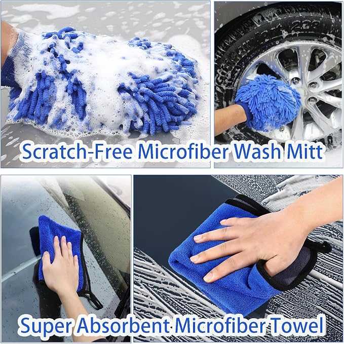 62'' Car Wash Brush with Long Handle, Scratch-Free Soft Bristles Sturdy Car Wash Mop Kit, Complete Car Cleaning Brush Kit Wash Mitt Towel Windshield Squeegee Wheel Tire Brush for Car Truck RV
