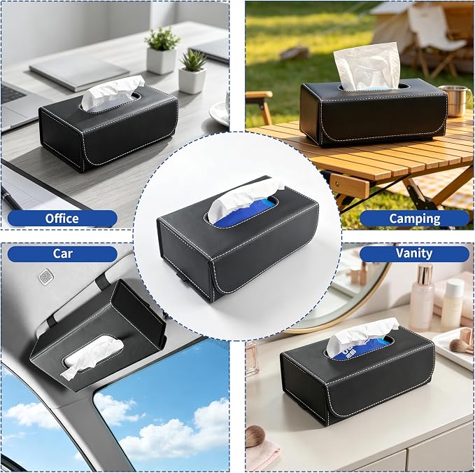 Car Tissue Holder Leather PU Tissues Box Cover for Sun Visor and Car Backseat Extra Large Rectangle Napkin Holder Fits for Various Tissue Sizes Soft Tissues Storage & Organization