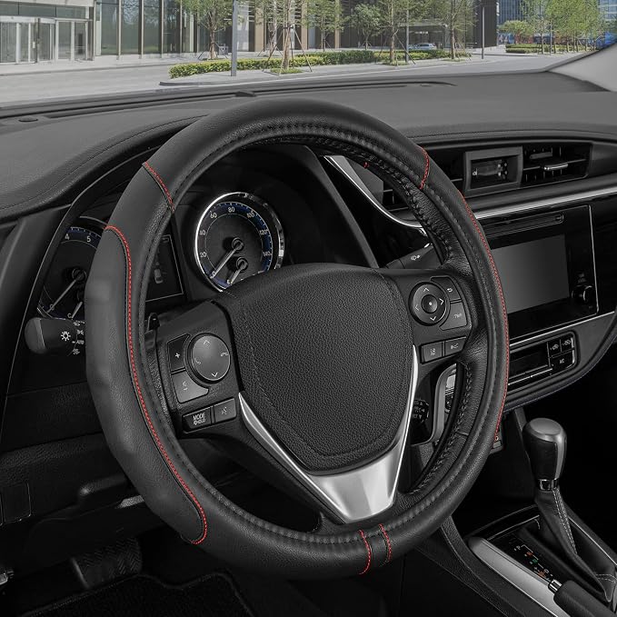 GripDrive Faux Black Leather Steering Wheel Cover for Car Truck Van SUV, Small 14 inch Size, Red Accent Stitched Car Steering Wheel Cover Vehicle & Auto Accessories