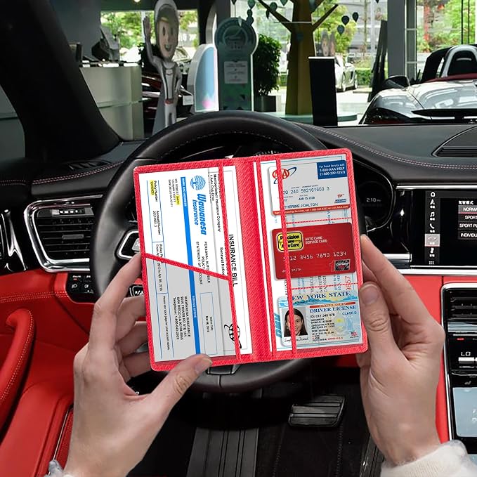 Car Registration and Insurance Card Holder, Vehicle License Document Glove Box Compartment Organizer, Interior Car Accessories for Women Men (Carbon Red)