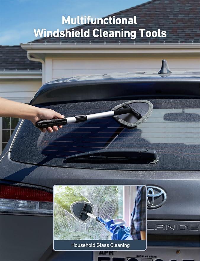 21" Extra-Long Windshield Cleaner Tool, Car Interior Detailing Cleaning Kit with Extendable Handle and 4 Upgraded Reusable Microfiber Pads, Auto Glass Wiper Brush Kit for Cars, Gray