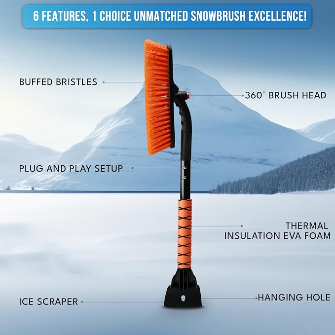 27" 3 in 1 Snow Brush with ice Scraper for car Windshield and Window | 360° Aluminum Rotatable Snow Brush for car | Winter Snow Removal Tools with Detachable Foam Grip | Winter Car Accessories