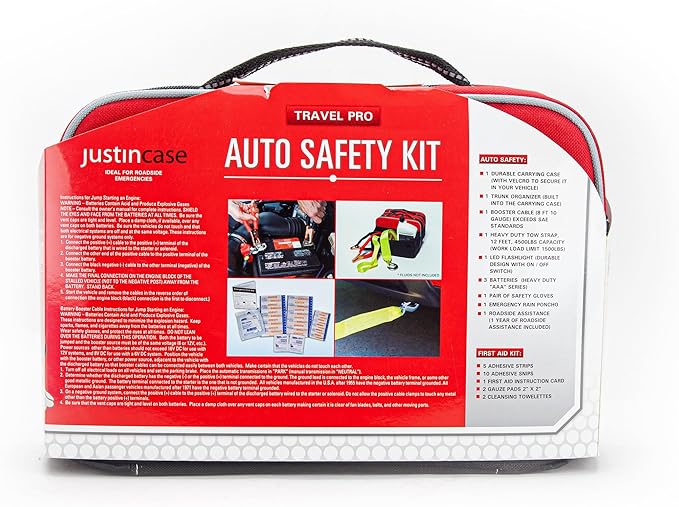 Travel Pro Emergency Roadside Kit - Compact Car Safety Set with Jumper Cables, Tow Strap, Flashlight, Gloves, First Aid Kit & 1-Year Free Roadside Assistance