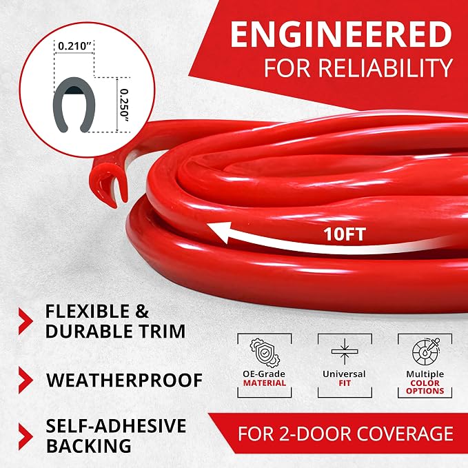 Car Door Edge Protector – Universal DIY Edge Trim to Prevent Scratches & Dings – Flexible Adhesive Molding Trim for Cars, Trucks & SUVs (10 Ft - Red)