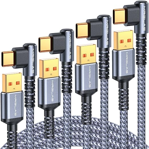 3.2A USB C Charger Cable,[4-Pack, 6.6+6.6+6.6+6.6FT] USB A to USB C Right Angle Gold-Plated Type C Charger Fast Charging Durable Braided Cord for iPhone 16 15 Samsung S10 S9 Note 10 S21 LG-Grey