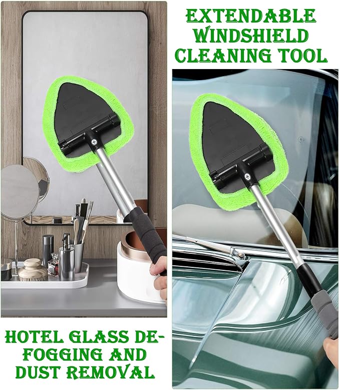 Car Windshield Cleaner Tool with Reusable Microfiber Pads Extendable Handle (1, Green)