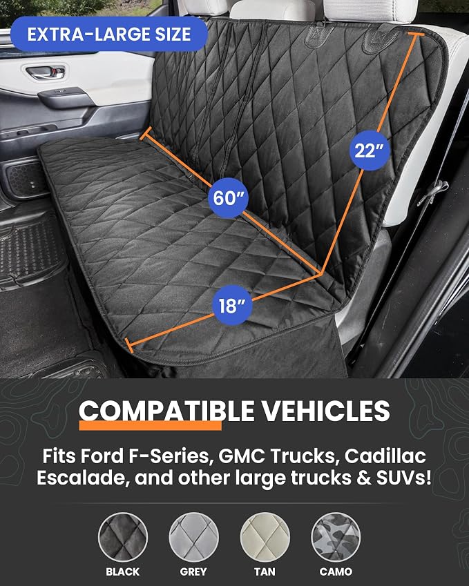 Dog Seat Cover for Back Seat, Heavy Duty Waterproof Rear Seat Protector for Large Trucks, SUVs, Cars -Fits 60/40 Split Bench with Middle Seat Belt, Non-Slip Backseat Cover (Extra Large, Black)