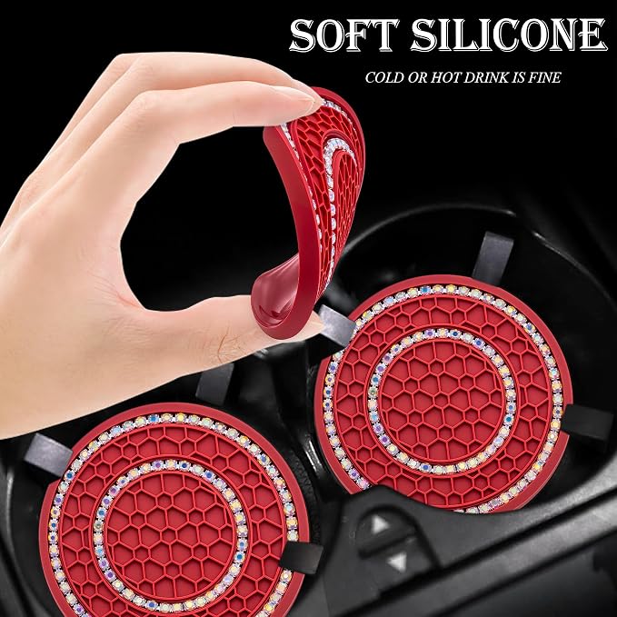 4PCS Bling Crystal Rhinestone Cup Holder Coaster, 2.75 inch Soft Silicone Anti-Slip Shockproof, Car Cup Holder Insert Coasters, Universal Car Interior Accessories for Women (Red & Colorful)