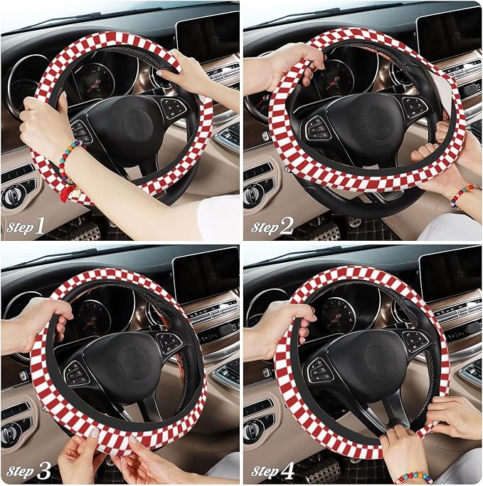 Checkered Steering Wheel Cover,Red White Checkered Universal 15" Elastic Car Steering Wheel Cover with 2 PCS Car Coasters,Anti-Slip Breathable Accessories for Auto,SUVs,Truck