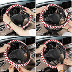 Checkered Steering Wheel Cover,Red White Checkered Universal 15" Elastic Car Steering Wheel Cover with 2 PCS Car Coasters,Anti-Slip Breathable Accessories for Auto,SUVs,Truck