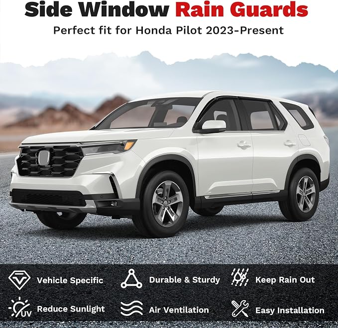 Window Visors Rain Guards for 2023-2025 2026 Honda Pilot LX Sport EX-L TrailSport Touring Elite Accessories, Outside-Mount Tape-On Side Window Wind Deflectors Vent Visors Shades Rainproof 4PCS