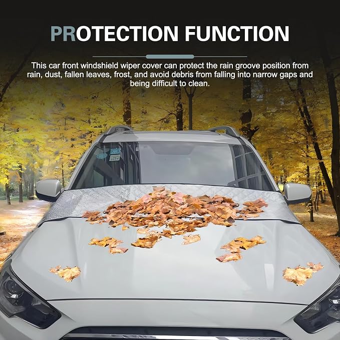Car Front Windshield Rain Trough Protection Cover, 66.9" x 17.7" Multifunctional Windshield Cover, Sunscreen/Snow Protection/Leaf Protection, Four-Season Universal Protective Covers(Silver)