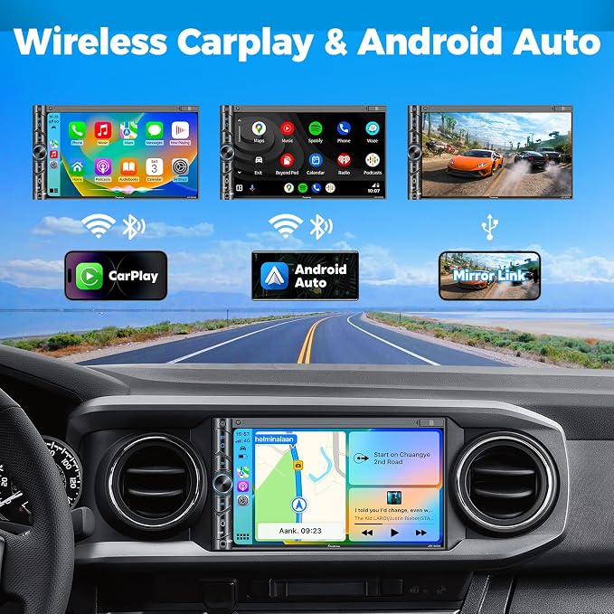 Double Din Car Stereo - Wireless Apple CarPlay & Android Auto, 240W 4.2CHN, 7" Touchscreen, SWC, Bluetooth, FM/AM Car Radio, 2 Subwoofers Outputs, Backup Camera