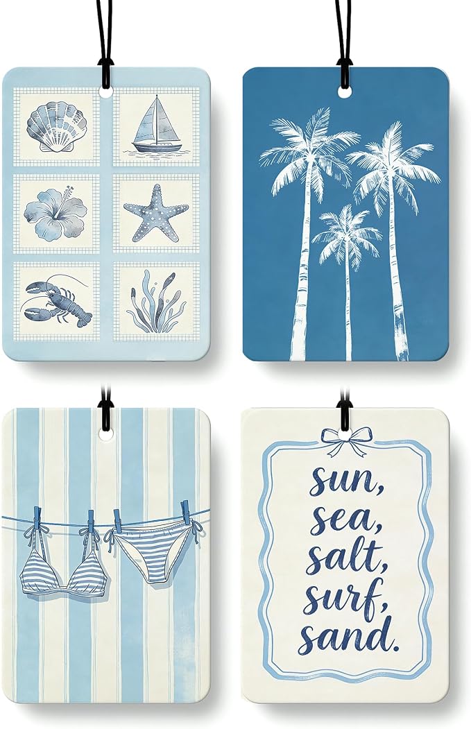 Blue Summer Beach Car Air Freshener 4 Pcs Coconut Scented, Coastal Bikini Palm Tree Car Accessories Mirror Decor for Women, Girly Beachy Hanging Air Freshener for Cars Closet Drawer Books