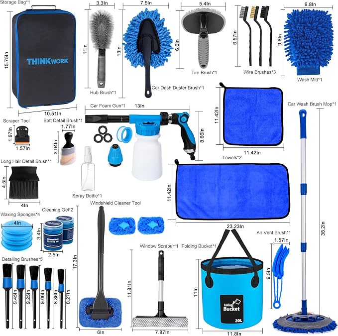 Car Wash Kit, Car Detailing Kit with Foam Gun, Car Wash Brush Mop and Large Folding Bucket Suitable for Car Cleaning, Blue Car Wash Set Gift for Men and Women