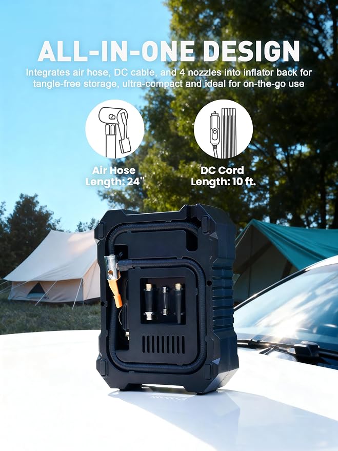 Portable Tire Inflator for Car, 12V Air Compressor, Max 100 PSI | Car Portable Air Compressor, Digital Tire Inflator with Gauge, Smart Auto-Stop & Fast Inflation Design