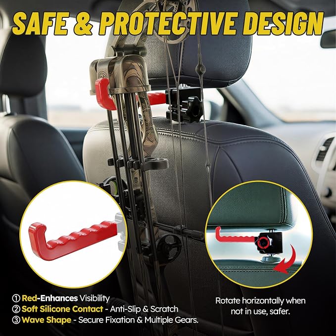 Heavy Duty Steel Bow Hanger for Truck, Red Wave Anti-Slip Hook & Upgraded Twist-Lock Clamp, Universal Compound Bow Holder with 3 Shims for 10-14mm Headrest, Archery Hunting Gear Safe Storage