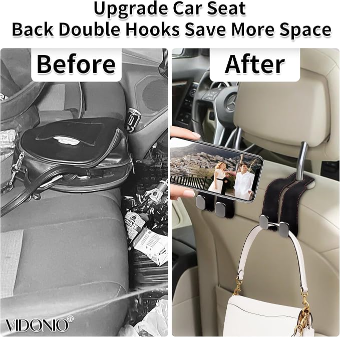 Suede Leather Headrest Hooks for Car, 2 Pack Double Seat Back Organizer Hooks for Purses & Bags, Heavy Duty Metal Car Purse Holder for Handbags, Grocery Bags, Universal Vehicle Storage Accessories