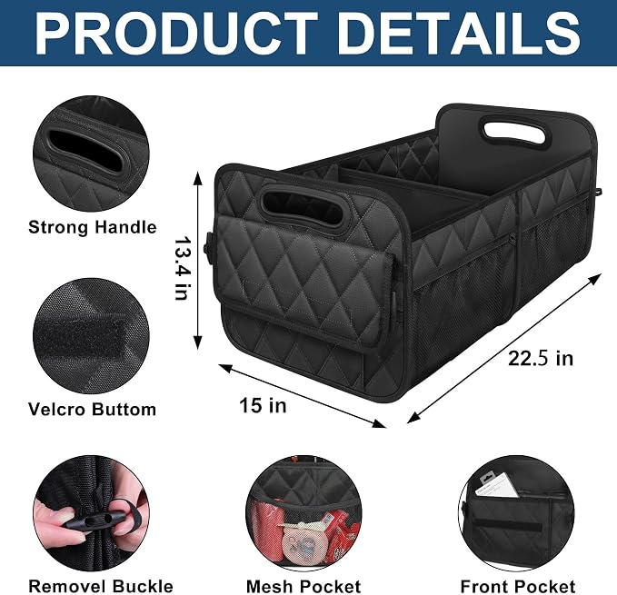 Car Trunk Organizer and Storage with Reinforced Handles, Waterproof Polyester Trunk Organizer for SUV, Minivan, Truck (Large, Black)