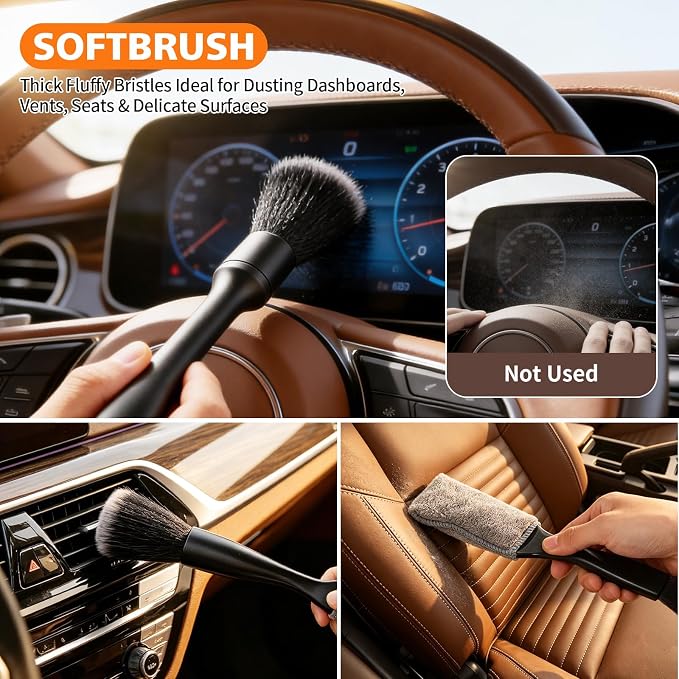 Car Detailing Brush Kit Interior & Exterior Cleaner, Ultra Soft Boars Hair Car Interior Detailing Brushes, 6 Different Detailing Brushes for Auto Detailing, Dashboard, Vents, Wheels and Tires
